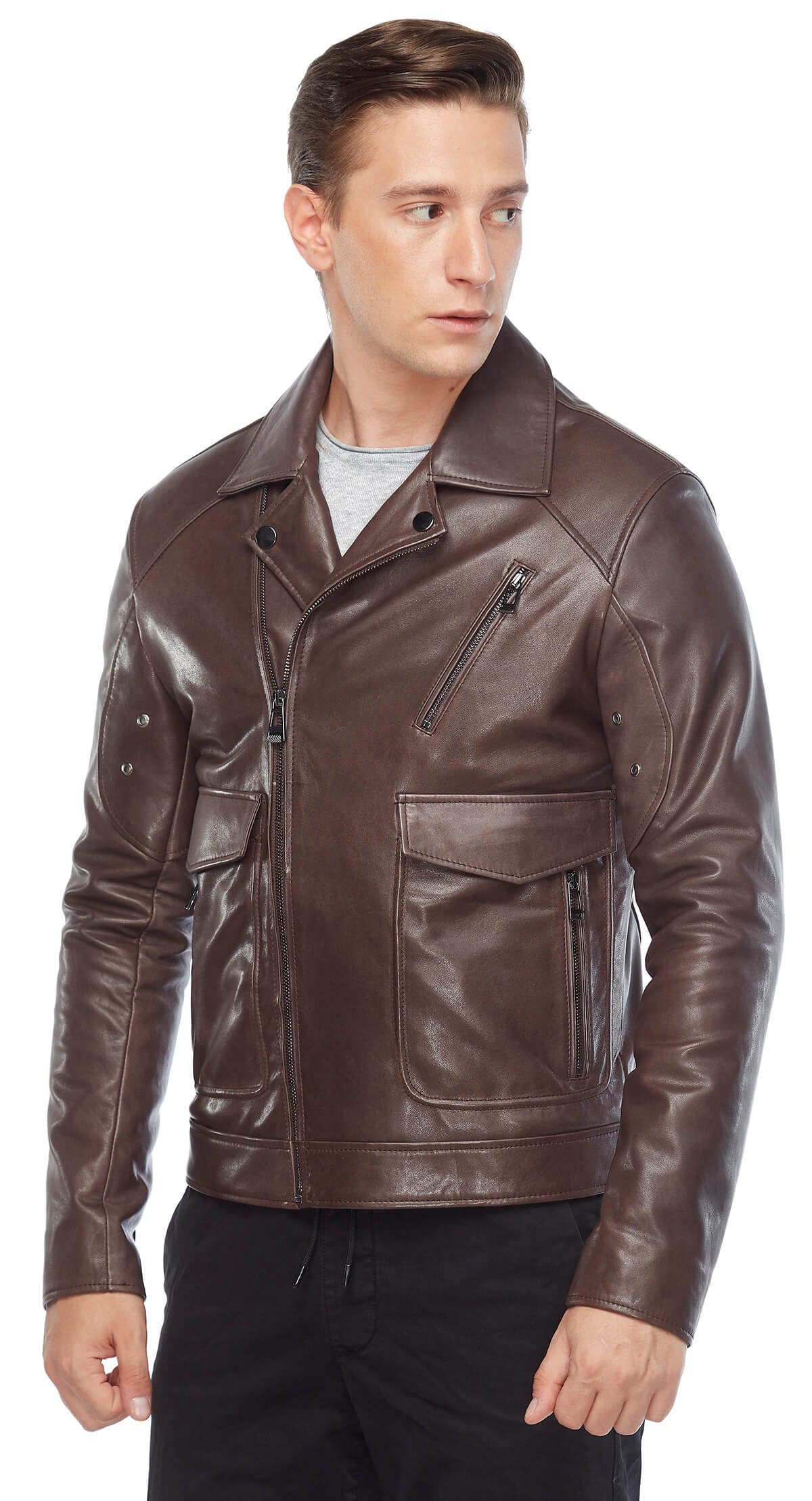 Карманное мужское кожаное пальто коричневого цвета