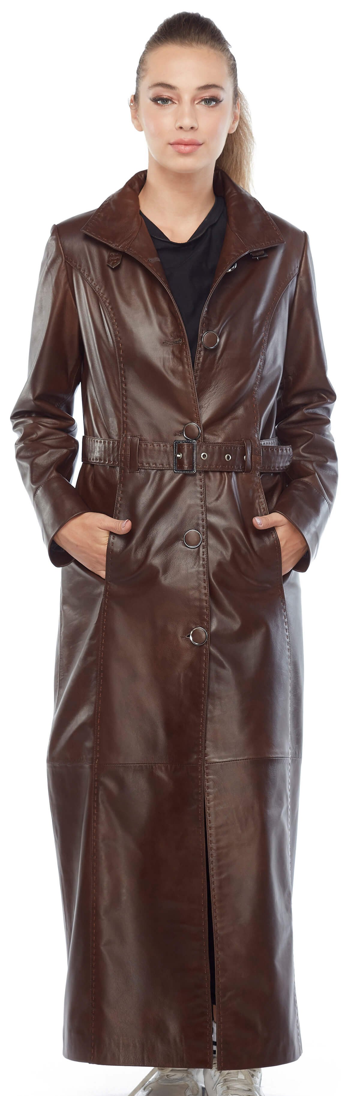 Женское пальто из натуральной кожи коричневого цвета