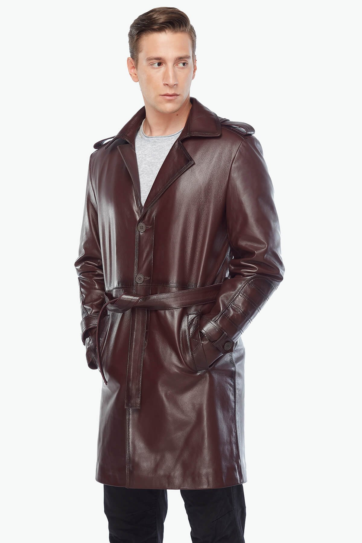 Мужское пальто Matrix из натуральной кожи бордово-красное