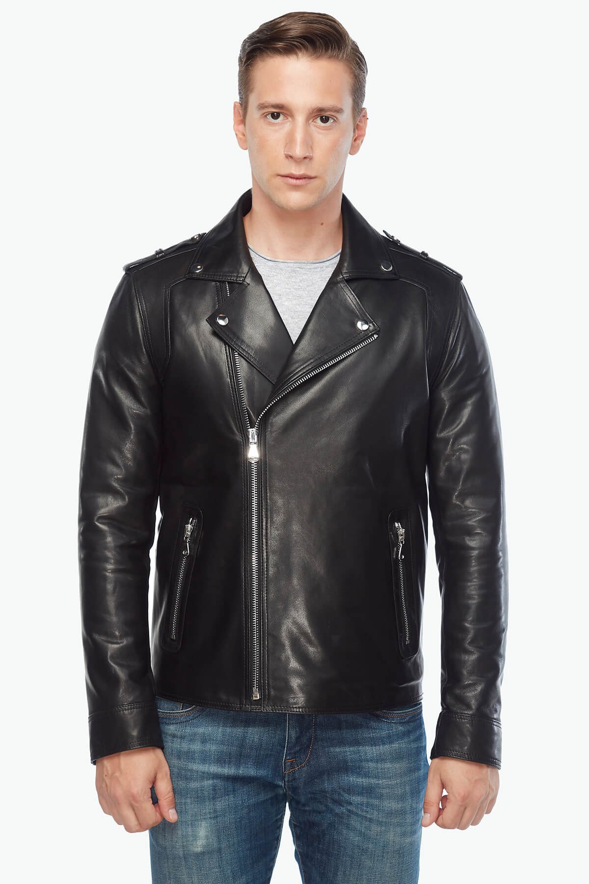 Байкерское мужское пальто из натуральной кожи, черное