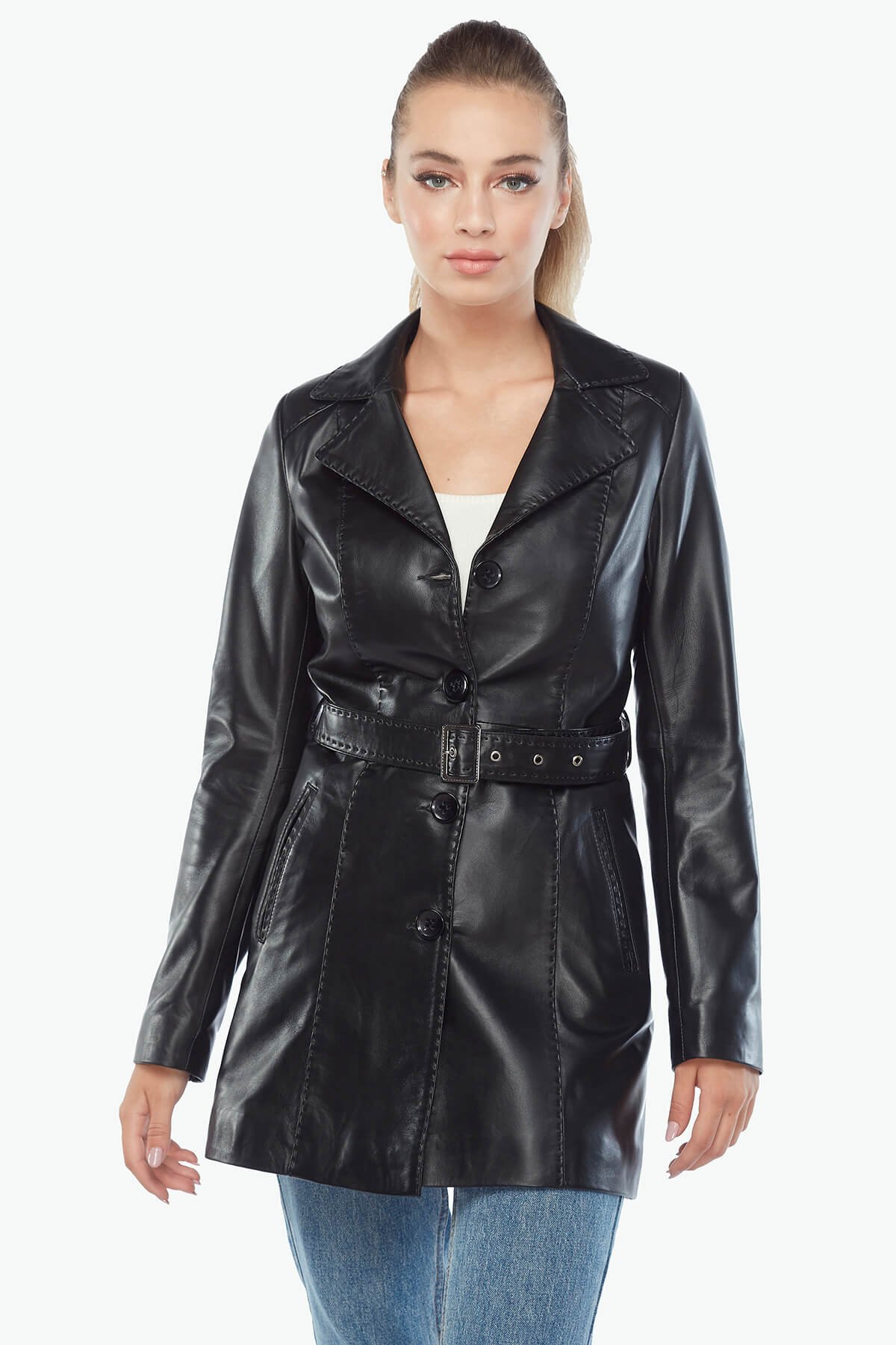 Женское пальто из натуральной кожи Unecca, черное